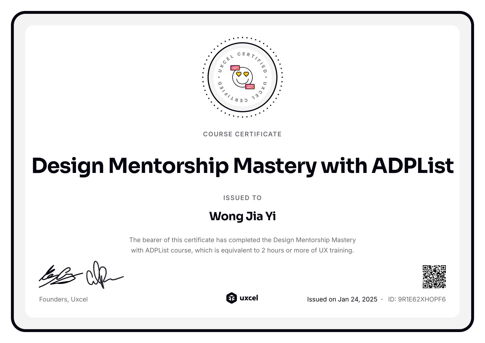 Wong Jia Yi's certificate